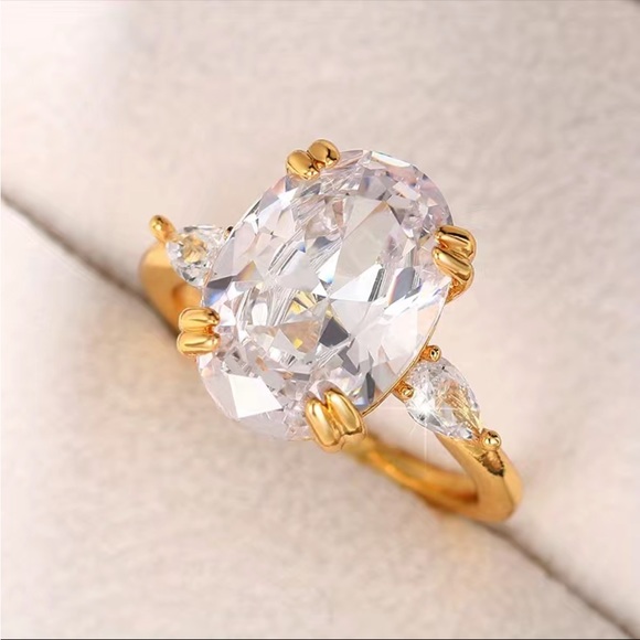 New Luxury Yellow Gold Plated Oval Diamond Ring - Picture 5 of 16